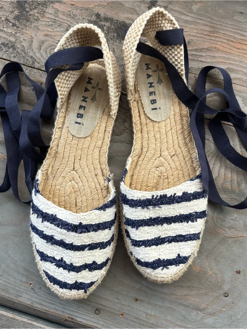 Manebi navy and white canvas espadrille sandals | size 39